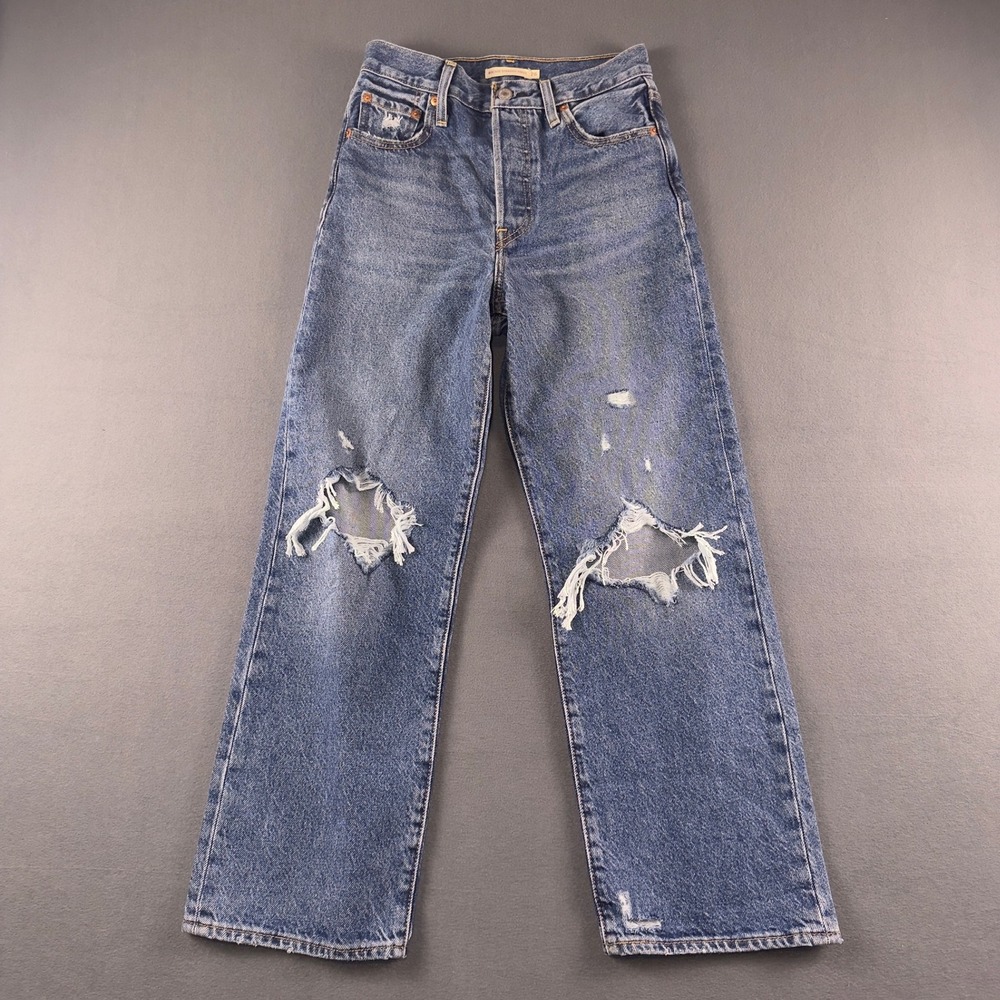 Levis Ribcage Straight Ankle Jeans Distressed High Rise Medium Wash W26 L27